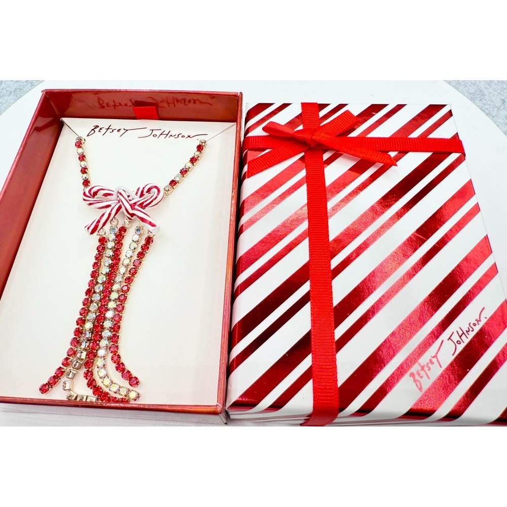 Betsey Johnson Candy Cane Bow Fringe Pendant Necklace Red White Gold Crystal